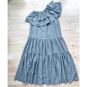 Pearl & Caviar Linen Mix One Shoulder Maxi Dress | Dusty Blue Size XS/S‎